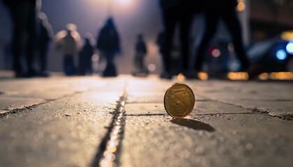Coin on the sidewalk of a crowded street, a lot of legs passing by, night, macro photography