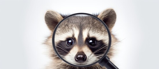 Funny raccoon using a magnifying glass on a white background - obrazy, fototapety, plakaty