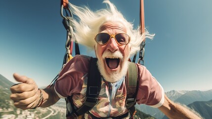 Tourism and Adventure: Elderly tourists doing a bungy jump. Happy elderly man enjoying adventure. - obrazy, fototapety, plakaty