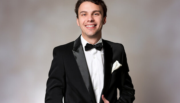 Attractive handsome young man, smiling and laughing, wearing a black tuxedo suit.