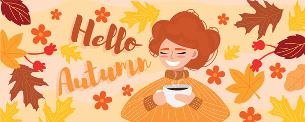 Woman with hot tea, leaves, flowers and text HELLO, AUTUMN on beige background