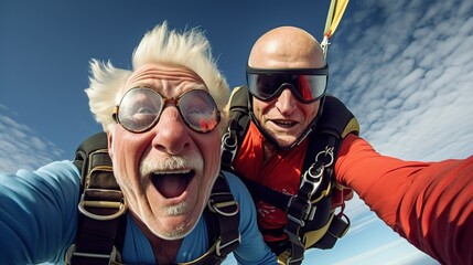 Tourism and travel: Two elderly skydivers are jumping from a small plane. Happy elderly man...