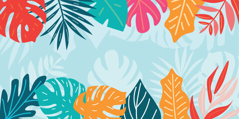 Many tropical leaves on light blue background. Banner for design