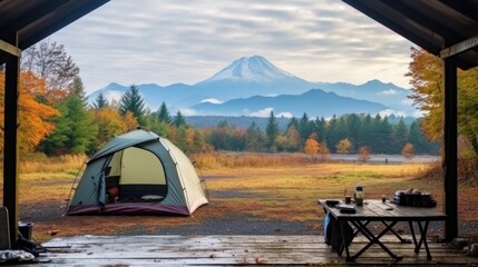 Fototapeta na wymiar Camping tent at mount Fuji area in autumn.