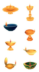Set of diya lamps for Indian holiday Diwali (Festival of lights) on white background