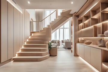 Luxury contemporary interior design in a multi storey home with sleek wooden stairs, lights strips and custom cabinets under them for storage. Stylish gentle calming composition