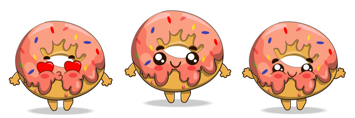 Cute colorful pink glazed donut set on white background. Sweet food vector icon set. Kawaii donuts emoji  love, smile, fanny set. Hand drawn design in doodle style.