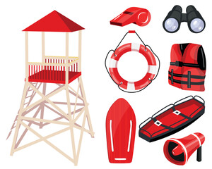 Set of professional items of lifeguard on white background