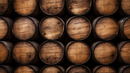 Brown wooden wine beer barrel stacked background - obrazy, fototapety, plakaty