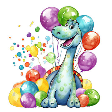 Birthday Brontosaurus Dinosaur With Balloons, Isolated