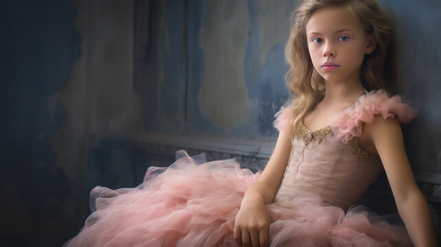 Portrait of a young blond ballerina in her ballet outfit taking a break in. her dance studio. 