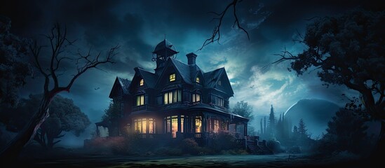 Moonlit windows in a mansion at night With copyspace for text - obrazy, fototapety, plakaty
