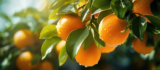 Oranges on a blooming tree With copyspace for text - obrazy, fototapety, plakaty