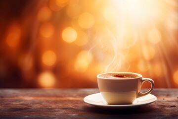 Obraz premium cup of coffee on the table with bokeh background