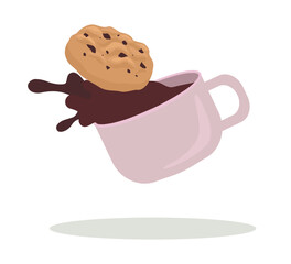 Flying cup of hot chocolate with cookie on white background