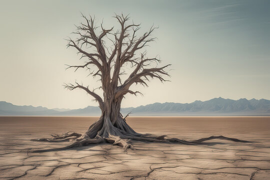 dead trees on dry and cracked land drought metaphor water crisis, climate change, the environment concept, generative ai	