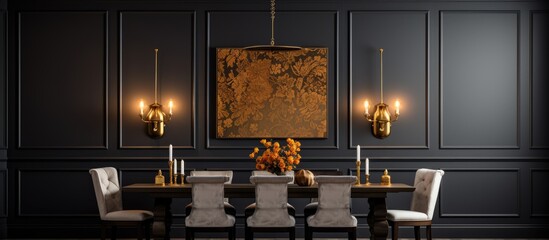 Cozy dining area with gold chandelier over wooden table black wainscoting walls With copyspace for...