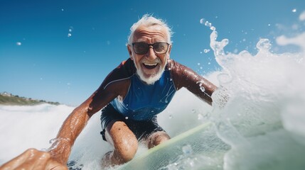 Tourism and adventure: elderly tourist playing surfboard, happy elderly man enjoying adventure, water sports, extreme sports, exercise concept.