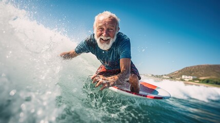 Fototapeta na wymiar Tourism and adventure: elderly tourist playing surfboard, happy elderly man enjoying adventure, water sports, extreme sports, exercise concept.