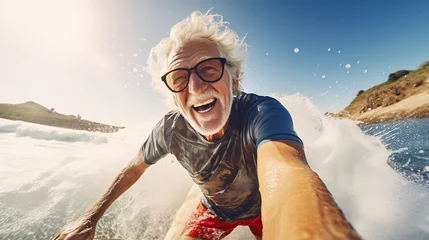Schilderijen op glas Tourism and adventure: elderly tourist playing surfboard, happy elderly man enjoying adventure, water sports, extreme sports, exercise concept. © Phoophinyo