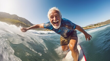 Tourism and adventure: elderly tourist playing surfboard, happy elderly man enjoying adventure, water sports, extreme sports, exercise concept.