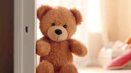 Cute brown Teddy bear toy sneak behind the door and surprise to congratulate the special day holiday festivals. game child, day care, welcome, kid day, shy childhood, party funny, generate by AI. - obrazy, fototapety, plakaty