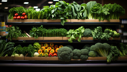 supermarket shelf with fresh vegetables and legumes