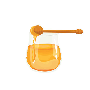 Glass of sweet honey and dipper on white background