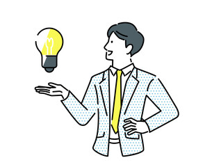 アイデアを示す男性ビジネスマンのイラスト。 ヘルプ、アイデア、ソリューションを示すベクター画像