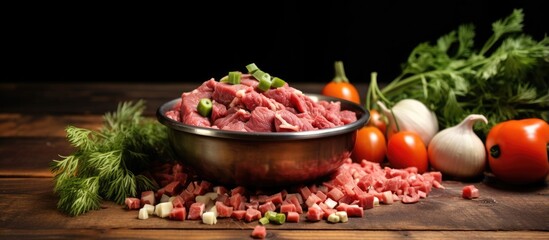 Chopped raw meat and fresh vegetables for a healthy pet diet on rustic wood floor With copyspace for text