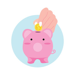 Fototapeta premium Hand inserting golden coins into piggy bank on white background