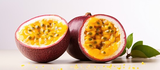 Passion fruit sliced in half With copyspace for text
