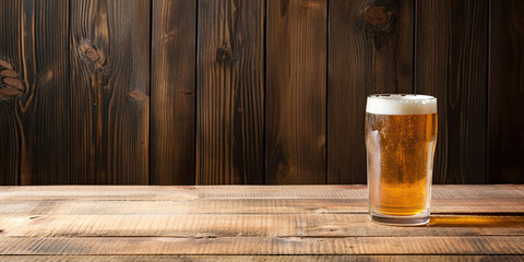Glass beer on wood background with copy space