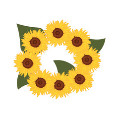 Beautiful sunflower wreath on white background
