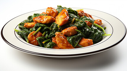 A platter of spinach and chicken with tender UHD wallpaper Stock Photographic Image