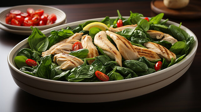 A platter of spinach and chicken with tender UHD wallpaper Stock Photographic Image