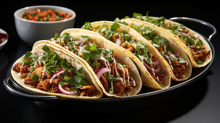 A platter of pork carnitas tacos teaturing slow cooke UHD wallpaper Stock Photographic Image