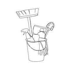 Bucket with washing supplies in continuous one line art style. Cleaning service concept. Simple vector illustration
