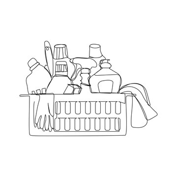 recommend clip art: Basket with washing supplies in continuous one line art style. Cleaning service concept. Simple vector illustration