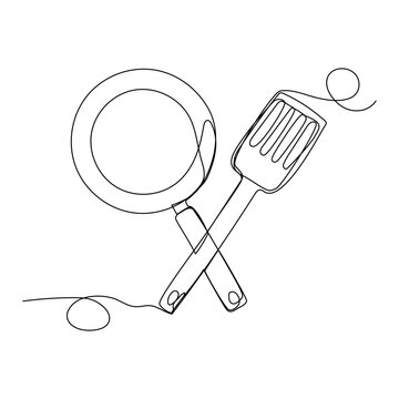 recommend clip art: Frying pan and kitchen spatula in continuous one line art style. Simple vector illustration