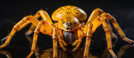 Close up of a gorgeous Japanese yellow joro spider caught in a web With copyspace for text
