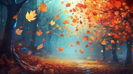 Falling colorful leaves in autumn outside on a background Generated with AI Tool - obrazy, fototapety, plakaty