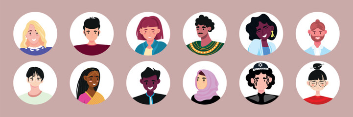 Set of different multiracial people on grey background