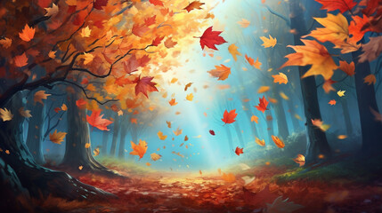 Falling colorful leaves in autumn outside on a background Generated with AI Tool - obrazy, fototapety, plakaty