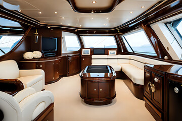 Luxury yacht interior with premium leather sofa, armchairs and cabinet