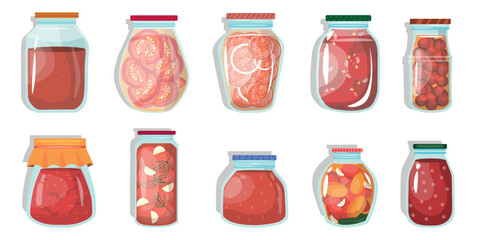 Set of canned tomatoes on white background
