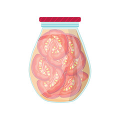 Glass jar of canned tomatoes on white background