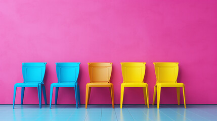 Colorful chair against colorful wall. Copy space. Minimalist.
