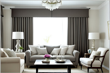 Stylish home living room with curtains. Modern living room. 3d rendering