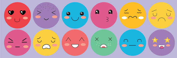 Set of drawn emoticons on lilac background